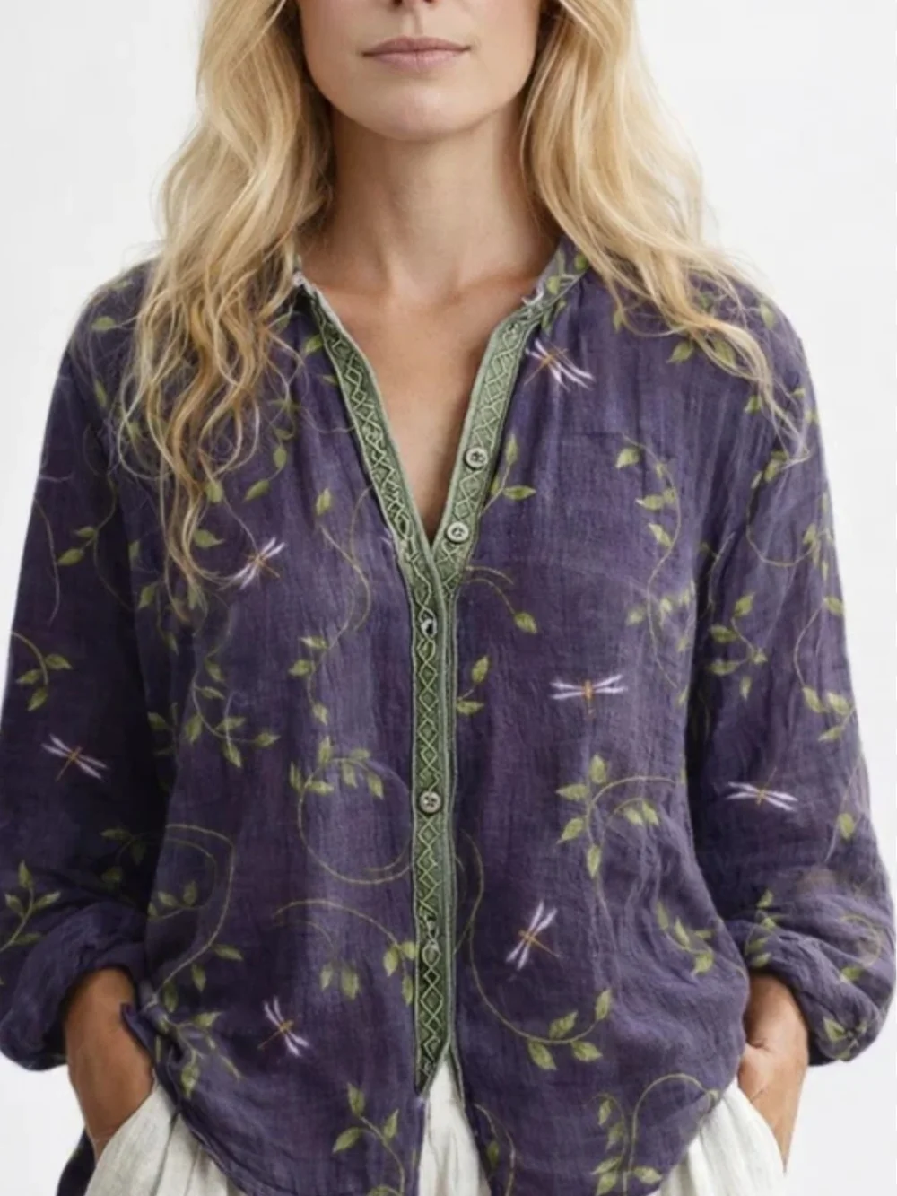 Purple Dragonfly Print Button-Front Blouse XL #342